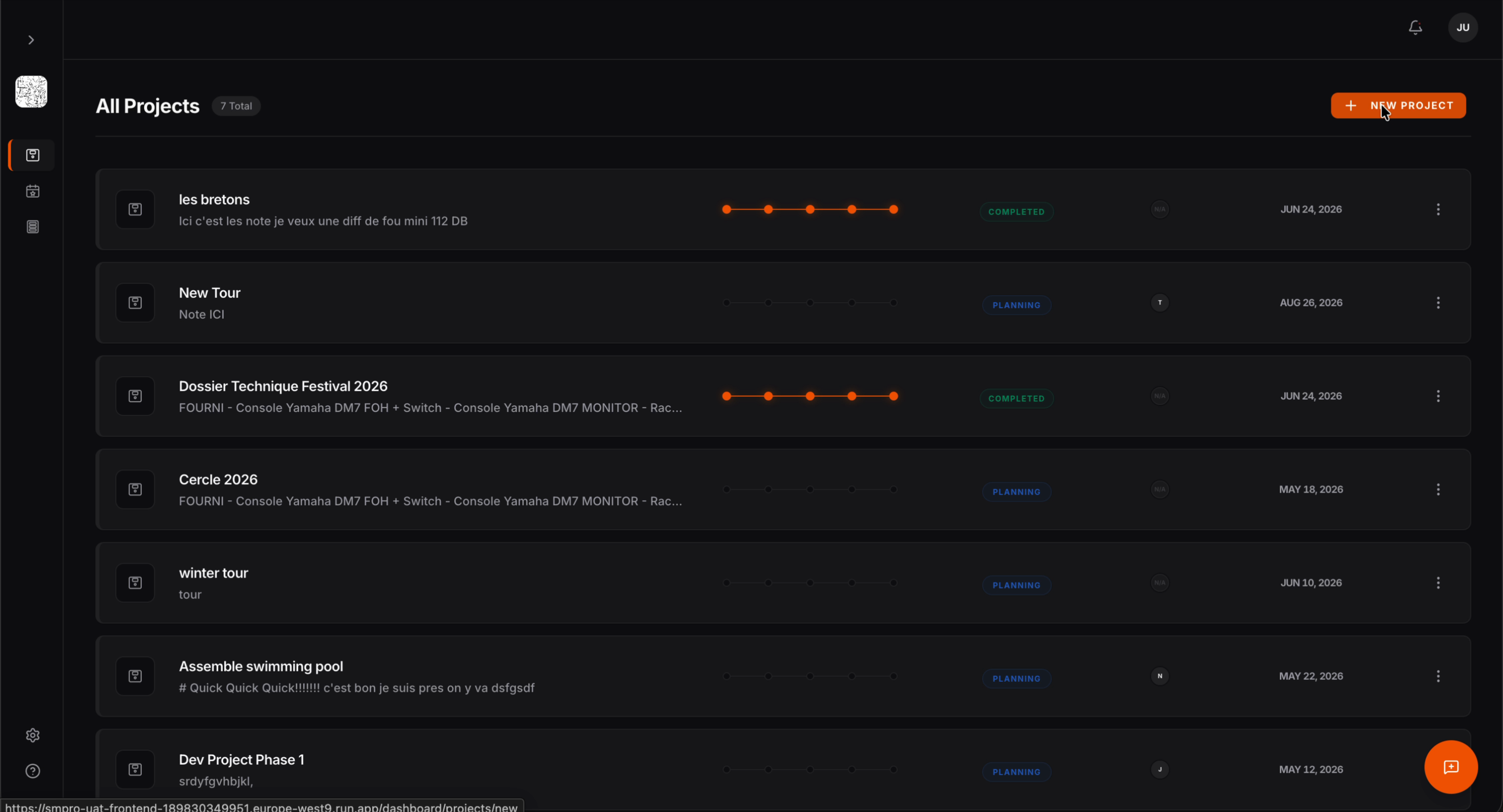 StageMaster Pro — liste des projets